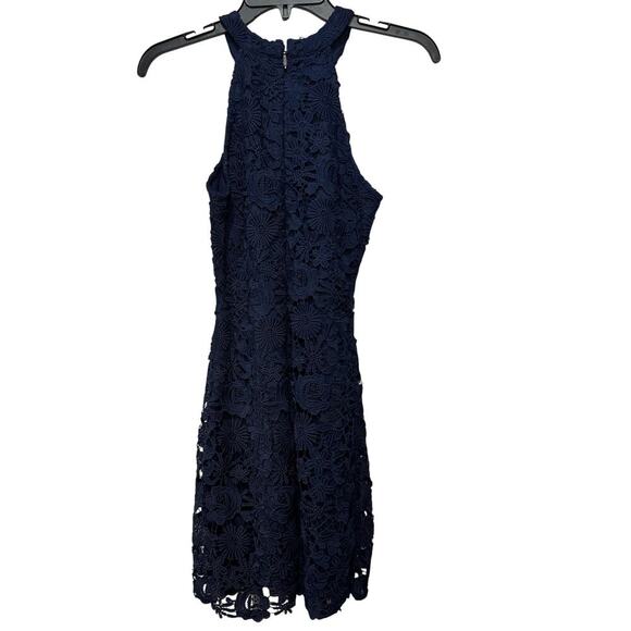 Lulus Navy Blue Halter dress with Floral lace overlay. Size XS - Picture 5 of 7